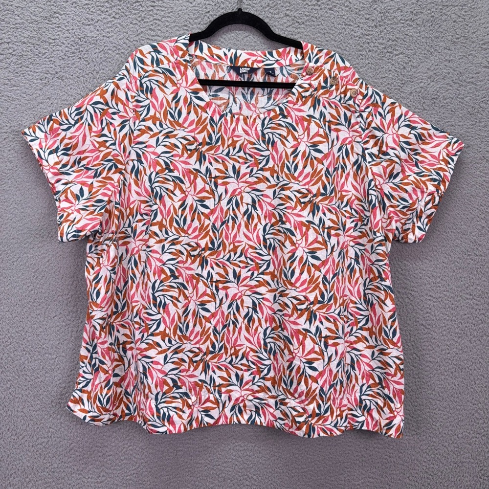 Lands End Top Womens 3X Linen Leaf Print Button Shoulder Blouse Artsy Colorful